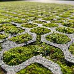Interlocking paving stones with vibrant moss providing natural drainage and ecosystem support