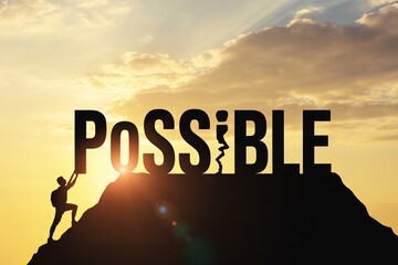 Silhouette pushing impossible to possible on mountain at sunrise, motivation, perseverance, success concept.