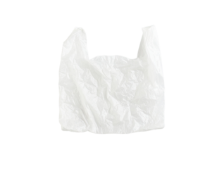 A discarded, ripped plastic bag, isolated on a white background, representing the issue of single-use plastics and waste.