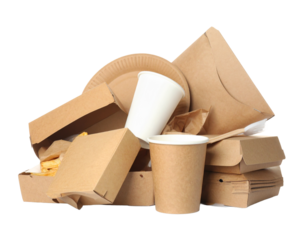 A pile of discarded fast food packaging, isolated on a white background, symbolizing food waste, consumption habits, and environmental pollution.