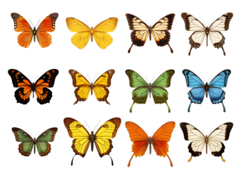 Twelve Colorful Butterfly Illustrations: A Collection of Winged Insects on transparent background png