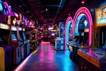 A vibrant arcade filled with classic gaming machines, showcasing colorful neon lights and an inviting atmosphere for gamers.