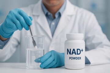Fototapeta premium Mixing NAD Plus Powder in Beaker Faceless Lab Scene UHD