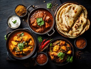 A vibrant spread of Indian dishes featuring chicken curry, naan bread, and various spices, showcasing rich flavors and culinary tradition.