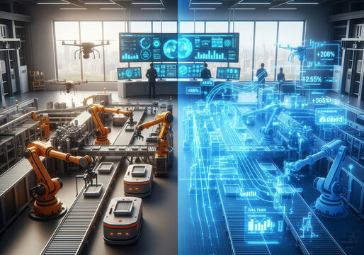 Digital twin, smart factory, robotics — a hyper-detailed 3D visualization of a fully automated manufacturing plant, showing both the physical and virtual models side-by-side.