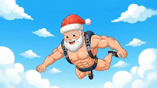 Cheerful buff Santa mid-skydive with wind blowing through beard and hat over a colorful holiday sky