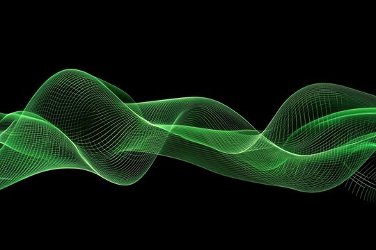 Abstract image of luminous, flowing, green waves on a black background. The waves are formed from a mesh of fine lines creating a soft, ethereal effect - Powered by Adobe