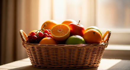 Fresh organic fruits in rustic wicker baske