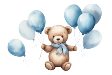 Watercolor Teddy Bear with Blue Balloons on transparent background png