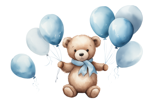 Watercolor Teddy Bear with Blue Balloons on transparent background png