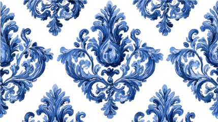 Watercolor painted indigo blue damask seamless pattern on a white background, spanish tile with hand drawn baroque and floral ornaments in mediterranean majolica ceramic painting style