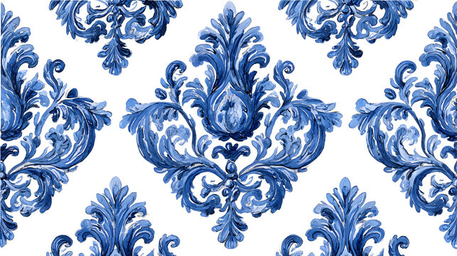 Watercolor painted indigo blue damask seamless pattern on a white background, spanish tile with hand drawn baroque and floral ornaments in mediterranean majolica ceramic painting style