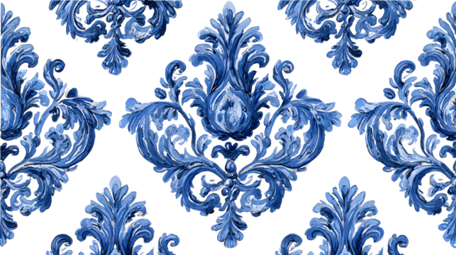 Watercolor painted indigo blue damask seamless pattern on a white background, spanish tile with hand drawn baroque and floral ornaments in mediterranean majolica ceramic painting style