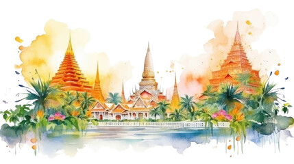 Fototapeta premium hand drawn Songkran festival at Thai landmarks watercolor on white background