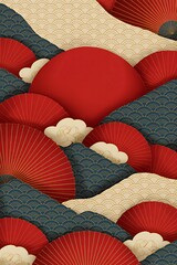 Traditional Japanese Pattern with Red Sun and Waves