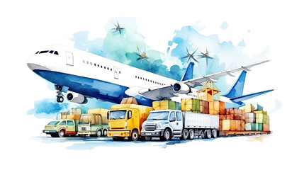 Fototapeta premium logistics banner design with transport vehicles and airbus watercolor painting on white background