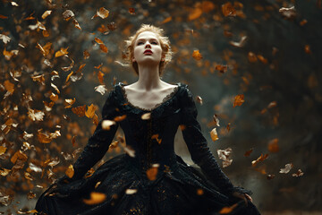 Fototapeta premium Incredible, amazing, seductive girl, in a black dress , magic rotates the leaves. background is fantastic autumn. Artistic photography. Fantasy gothic woman dark queen. Lady medieval witch