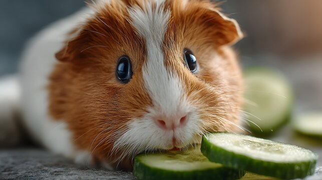 Guinea pig nibbling a slice of cucumber