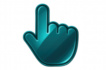 Glossy teal hand cursor pointing index finger against transparent backdrop, targeting web design and ui graphic elements