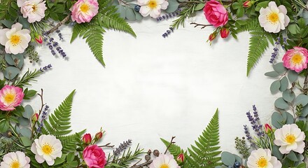 Fototapeta premium Elegant floral frame featuring roses, ferns, eucalyptus, and lavender for invitations