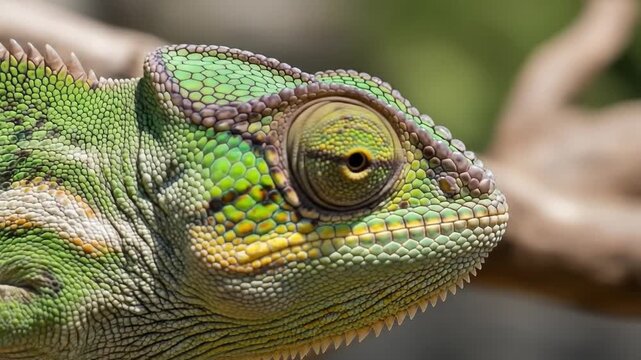 Close-up of a green chameleon blending into its natural environment on a branch