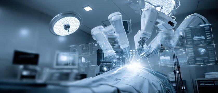 A high-tech surgical environment featuring robotic arms and medical imaging, highlighting advanced technology in modern surgery.
