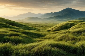 Lush green grassy plains stretch towards distant mountains at sunrise