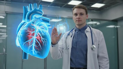 Doctor exploring advanced holographic heart model, showcasing medical innovation and patient care technology - Powered by Adobe