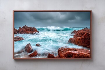 Dramatic coastal scene with rough turquoise waves crashing against reddish-orange rocks under a stormy sky. Framed print