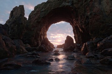 Rocky archway over a tranquil cove at sunset