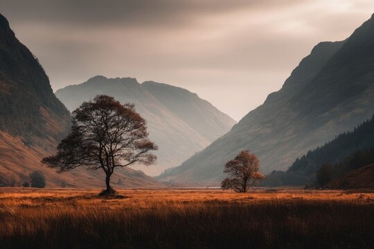 Autumnal valley with solitary trees