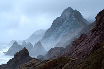 Misty coastal cliffs, dramatic, rugged