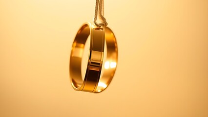 Golden wedding bands elegantly suspended against a soft neutral backdrop, symbolizing love and commitment.