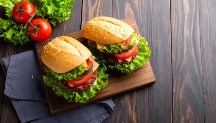 Two juicy burgers on a wooden board