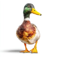 Side view of a mallard duck, standing against a white background