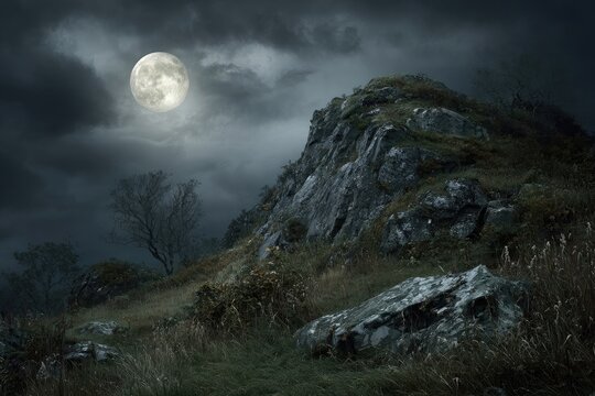 Moonlit mountaintop under stormy sky - Powered by Adobe