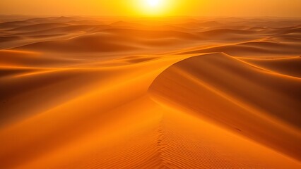 Vast desert dunes bathed in sunset hues, creating a serene and timeless landscape.
