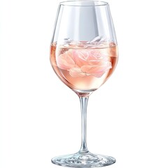 Pink rose flower in a wine glass filled with iced rose-colored liquid