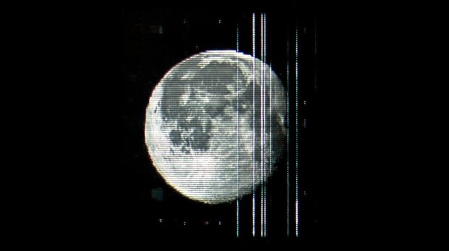 Pixelated moon image, dark background, vertical glitches
