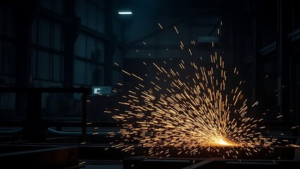 An industrial workshop with glowing sparks, showcasing dynamic energy in a dark environment.