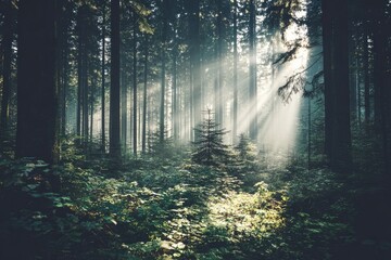 Obraz premium Sunbeams pierce a misty forest (1)