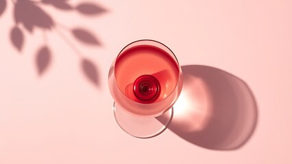 An elegant glass of rose wine placed on a soft pink surface, casting artistic shadows.
