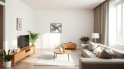 Fototapeta premium Modern apartment interior with clean design, neutral tones, and soft natural lighting.