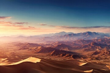 Naklejka premium Panoramic desert sunrise over mountains