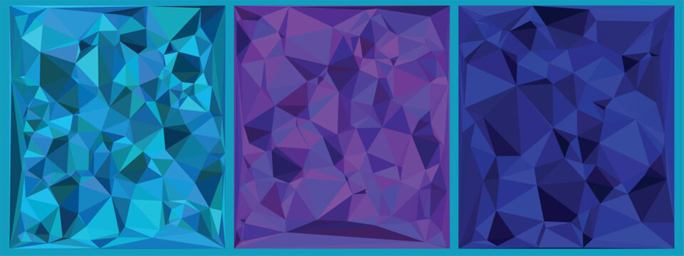 Abstract low poly crystal texture set, geometric polygon background in blue and purple shades, faceted gem style vector design for digital art, 3D render effects, wallpapers