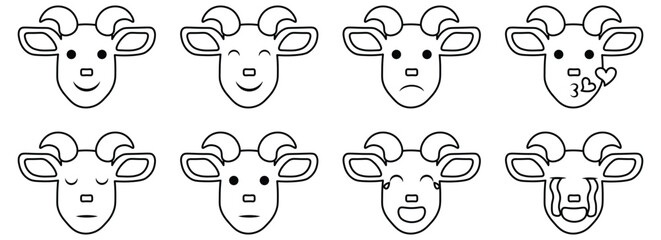 Goat Line Art Emoji Set - Minimal Goat Head Outline Illustration.