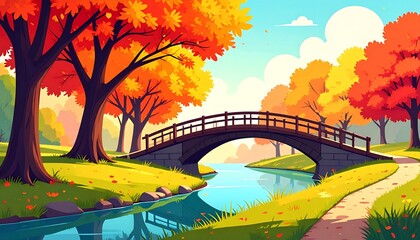 cartoon style background of riverbank lined with bright autumn trees and a small wooden bridge.  