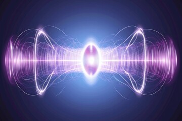 A vibrant, symmetrical abstract image depicts energy waves emanating from a central, glowing oval core.  The waves are purplish-pink, with a light blue background,