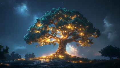 Panoramic Night Tree of Life with Glowing Leaves