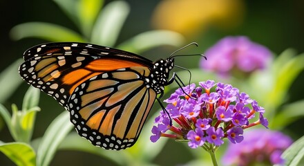 Obraz premium Monarch Butterfly Sipping Nectar from Purple Flowers on a Sunny Day in Garden